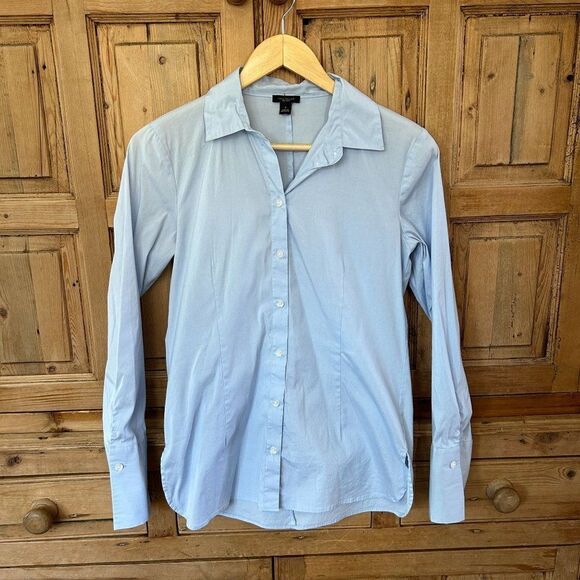 Ann Taylor Factory Small Button Front Blouse Collared Full Length Sleeves Blue‎ - Picture 1 of 9